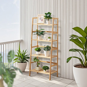 4-Tier Bamboo <b>Ladder</b> Bookshelf with Trapezoid Storage Rack Wall and <b>Display</b> <b>Shelves</b> - Product Image 1
