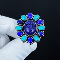 Anneaux fins en argent sterling 925 massif Lapis Lazuli naturel Turquoise ovale coupe pierre précieuse Design floral pour une tenue de fête pour elle