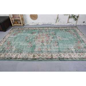 Alfombra turca vintage, diseño de retales verde y blanco, 6,2x9,7 pies, tejido plano de lana con respaldo de látex para decoración de sala de estar - Product Image 3