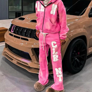 Two Piece Acid Wash Sweat Suits Cotton Zip up Applique Embroidery <b>Patch</b> Flared Full Tracksuits Hoodie and Sweatpants Set for Men - Product Image 2