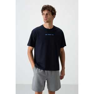 Camiseta Azul Marino 100% Algodón para Hombre, Corte Holgado con Textura Gruesa y Tejido de Punto Estampado-88364 - Product Image 6