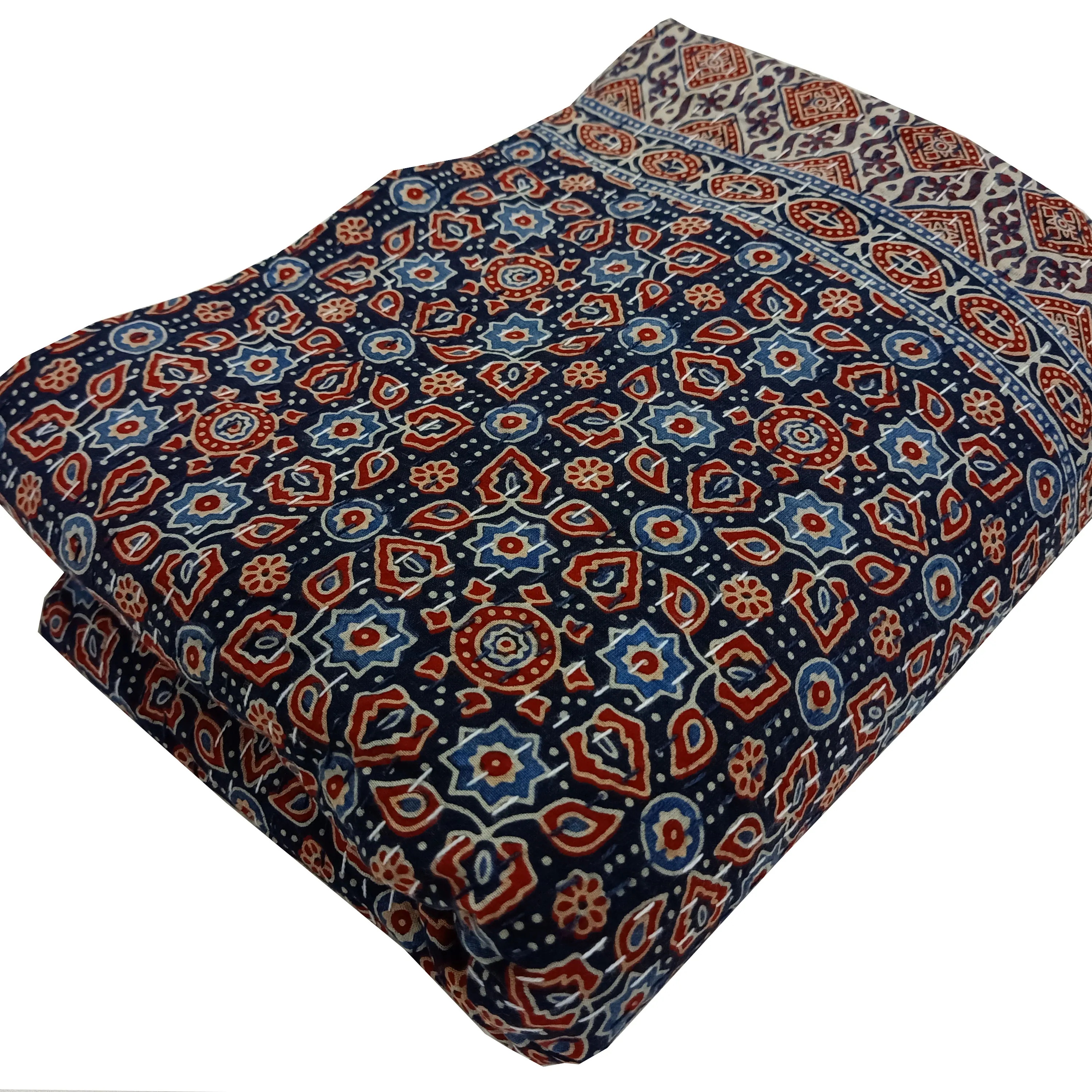 Cotton Kantha Ajrakh Hand Block Print Bedcover Hand Stitch Coverlet Handmade Throw King Size Comforter Indian Vintage Bedding