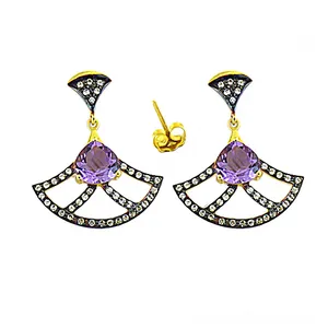 Boucles d'oreilles pendantes tendance en argent 925 plaqué or avec améthyste et turquoise géométriques pour femme, idéales pour les soirées - Product Image 1