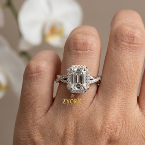 18K Gold <b>Emerald</b> Cut Halo Engagement <b>Ring</b> with Twisted Pave Band - Product Image 1
