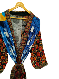 Peignoir d'été Peignoir multicolore Robe de nuit pour femme Robe longue, Kimono indien vintage en soie recyclée imprimé floral, - Product Image 2