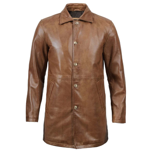 Abrigo Largo de Cuero Genuino para Hombre, con Solapa Entallada y Cierre de un Solo Botón, Color Marrón - Product Image 6
