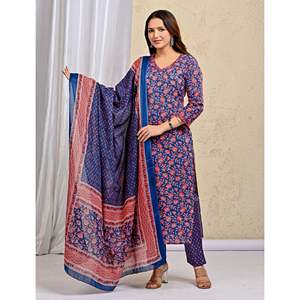 Blue Jaal Hand Drawn <b>Block</b> <b>Printed</b> Cotton Kurta Pant Set Heavy Mulmul Dupatta for Ethnic Party Wear Indian Style Long Length Net - Product Image 5