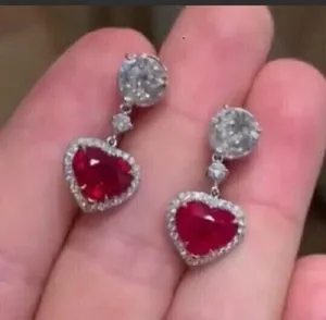 Pendientes colgantes/Gota de rubí rojo simulado con corte de corazón de 3,20 quilates, Joyería de diamantes chapada en oro blanco de 14 quilates - Product Image 4