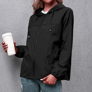 Women's Casual <b>Black</b> Hooded Jacket Lightweight Zip Up Windbreaker - Product Image 2