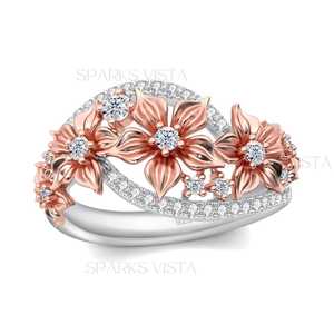 Anillo de Flores de Moissanita Chapado en Oro Rosa de 14K, Joyería Fina de Lujo para Mujer SPARKVISTA, Certificado GIA, Anillo Étnico - Product Image 6