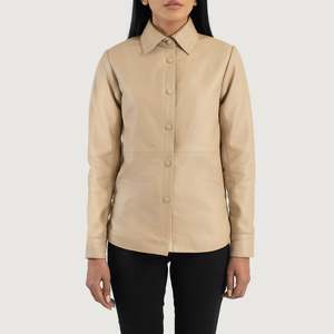 Zenith <b>Lightweight</b> Beige Leather Bomber <b>Jacket</b> for Ladies Satin Fabric Linen Lining for Autumn Spring Season Customizable Logo - Product Image 4