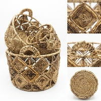 Ensemble de paniers de rangement en écorce de bananier naturelle, pot peu profond avec poignée en forme d'arche florale en spirale diamantée, décoration artistique pure pour la maison et l'artisanat
