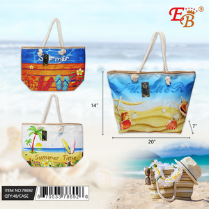 Women's 14\" Lightweight Eco-Friendly Beach <b>Handbag</b> PVC Lining Canvas Mesh Material Custom Logo Open Closure <b>Chain</b> for Summer - Product Image 1