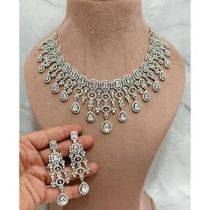 Stunning Best Quality Luxury Zircon <b>Silver</b> Tone <b>Necklace</b> <b>Set</b> With <b>Earrings</b> for Wedding Engagement Party Wear For Women - Product Image 1