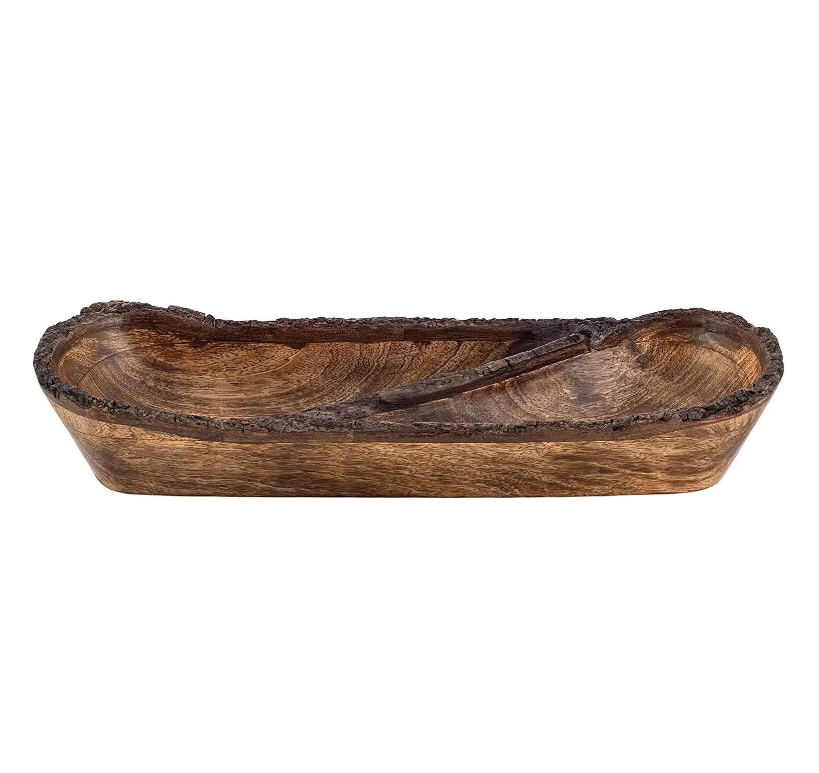 Natural Wooden Tray Serving Bowl for Salad Veggies and Fruits Large Deep Tray for Family Party (Bark Edge Divided Tray