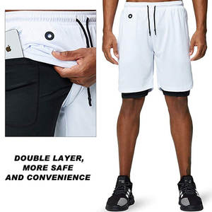 Pantalones cortos de fitness de verano de doble capa para hombre para correr, deportes, equipo de entrenamiento de patrón sólido teñido liso - Product Image 2