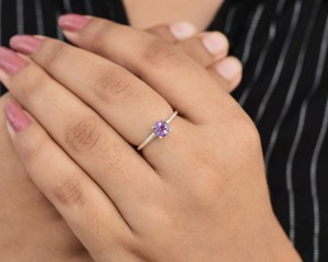 Handmade <b>Amethyst</b> <b>Ring</b> 925 Sterling Silver Round Prong 6mm Purple Gemstone Jewelry Dainty Womens <b>Ring</b> Gift For Her - Product Image 6