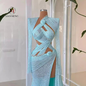 LM A653 Abito Lungo Stile Dolce con Spalle Scoperte, Manica Singola, Dettagli in Pizzo e Paillettes, Motivo <span class=keywords><strong>Leopardato</strong></span> con Lettere, Lunghezza Midi - Product Image 1