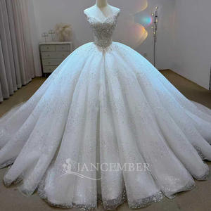 For JJ124 Modern Long Sweetheart Bridal Wedding <b>Dress</b> with Lace Crystal Flowers Short Sleeves for Women - Product Image 1