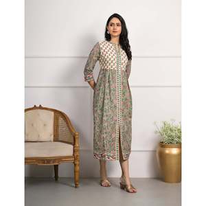 Vestido largo de algodón con estampado de bloques verdes, estilo casual hippie con cintura natural, transpirable, diseño personalizado, talla XS, suministro ODM - Product Image 4