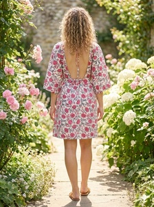 Robes décontractées pour femmes, personnalisées, en coton tissé 100%, col en V, manches 3/4, imprimées, coupe trapèze, taille naturelle, écologiques, lavables - Product Image 4