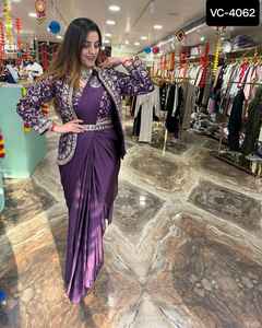 ชุดปาร์ตี้อินเดียพร้อมใส่เสื้อผ้าชุดส่าหรีผ้าไหมซาตินสไตล์บอลลีวู้ดแบบเย็บปักส่าหรีงานส่าหรี - Product Image 4