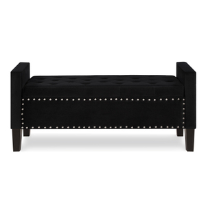Banc de rangement <span class=keywords><strong>capitonné</strong></span> en <span class=keywords><strong>velours</strong></span> noir de 48 pouces avec garniture cloutée, banc de lit rembourré avec accoudoirs pour entrée, chambre et salon - Product Image 1