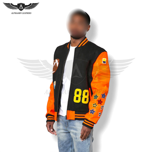 Veste Lettermen brodée en chenille imprimée avec logo personnalisé, services OEM à contraste de couleur orange et noir à vendre vestes d'hiver - Product Image 3