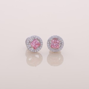 IGI Certified Lab Grown Pink Princess Cut Diamond Round Halo Stud <b>Earrings</b> <b>Solid</b> 925 Sterling <b>Silver</b> Designer <b>Earrings</b> - Product Image 1