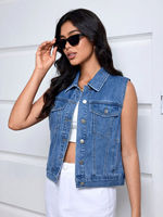 Jaket Denim Rajut Tanpa Lengan Wanita Model Kustom dengan Kantong, Finishing Fashion-Washed, Gaya Kasual untuk Wanita Muda, Tahan Angin dan Bernapas