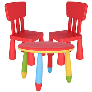 Juego de Muebles Infantiles Redondos Rojos, Mesa de 70 cm y 2 Sillas de Plástico Resistente, Dimensiones 38x35x67 cm - Product Image 1