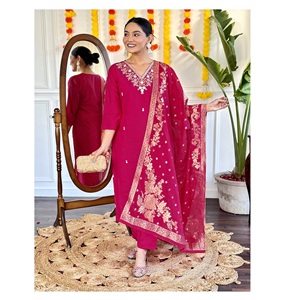 Indian Boutique Viscose Chanderi Digital impreso mujer bordado Kurti pantalón con tela Jacquard de nylon Dupatta para señora Wear - Product Image 1