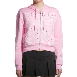 Custom High Quality Zip up Hoodie <b>Crop</b> <b>Top</b> Rib Hem Long Sleeve <b>Pink</b> Rib Cage Rhinestone Girls Women Hoodie - Product Image 1
