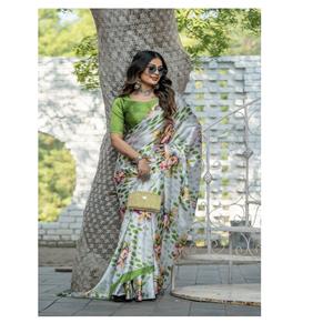 Sari DE TRABAJO Digital de tela satinada exclusiva de diseñador indio para mujer, funciones de desgaste, Sari, ropa de despedida de soltero, Sari de moda - Product Image 1