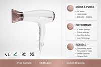 Sèche-cheveux ionique blanc à 2 vitesses avec concentrateur et diffuseur en option pour la maison et le salon