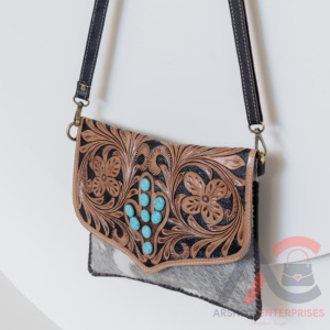 Western Style Handcrafted Tooled Hair on Hide Fur Leather Fringe Shoulder Bag Boho Style Carved Leather Turquoise <b>Stone</b> Bags - Product Image 4