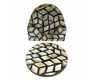 Mop Coaster Round in Grey Color Custom <b>Wood</b> Coaster Set with Handmade Bone and Brass Inlay Made in India - Product Image 5