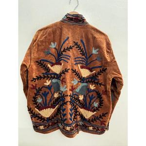 Marwar Bloom <b>Reversible</b> Suzani Embroidered Velvet <b>Jacket</b> for Rust Amber with Indigo & Ivory Florals Autumn Winter Coat Boho - Product Image 2