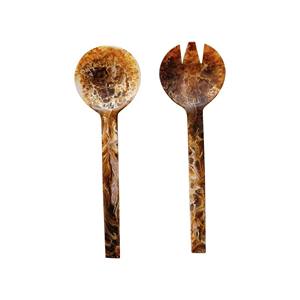 Ensemble de 2 serveurs à salade en résine, finition mate marbrée marron, ensemble de serveurs à salade en bois naturel avec 2 spatules, ustensiles durables faits à la main - Product Image 1