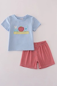 Fun Creative Design Smart Casual Spandex/Conjunto de pantalones cortos de algodón para niños Cómodo Blue Apple Pencil Applique Outfit para niños pequeños - Product Image 4