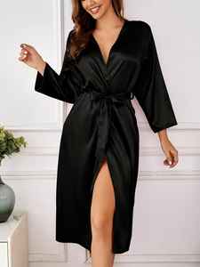 Nuevo Diseño, Bata de Satén de Seda hasta la Rodilla para Mujer, Talla Grande, Cómoda, Transpirable, Suave, Ropa de Casa, Bata de Baño, Logotipo Personalizado - Product Image 5