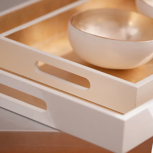 Plateau de laque de feuille d'or luxueux or métallisé avec plateau décoratif de peinture blanche avec des poignées - Product Image 2