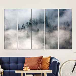 ภาพพิมพ์บนผืนผ้าใบทิวทัศน์ป่าหมอก - ศิลปะติดผนังต้นสนที่เงียบสงบ ชุดผ้าใบ 5 ชิ้น - Product Image 1