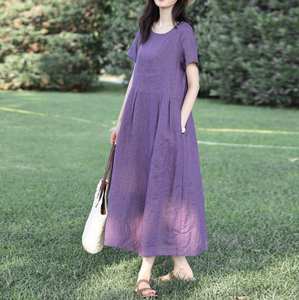 Vestido Midi de lino personalizable para mujer, verano, talla grande, informal, manga corta, cintura Natural, tejido, método de tejido - Product Image 4