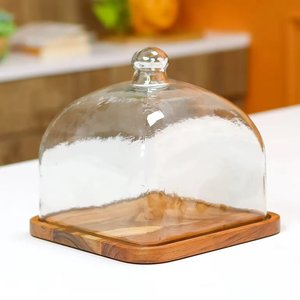 Blown Clear Decorative <b>Glass</b> Cloche <b>Dome</b> for Parties Dessert <b>Cake</b> With Solid Ball <b>Glass</b> Handle and Wooden Round Base - Product Image 4