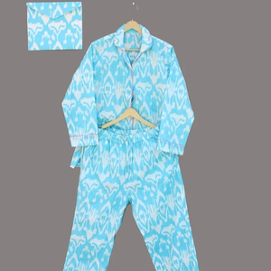 Conjunto de pijama Ikat con estampado de algodón indio con bloque de mano de algodón indio, ropa de noche, traje de noche de algodón suave para mujer - Product Image 1