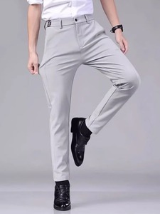 Pantalones informales de verano de color gris claro para hombre con pretina semielástica de nailon de seda helada tubo recto elástico estilo Caballero de negocios - Product Image 4