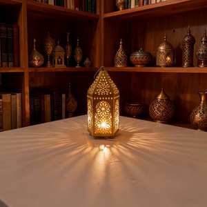 Luxurious Gold Metal <b>Moroccan</b> Style Candle Lantern with Intricate Cutwork Warm Glow Luxury Festive Home Table <b>Decor</b> - Product Image 1