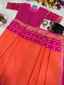 Sari de Seda Mysore Bicolor Naranja y Rosa, Largo hasta el Suelo, con Borde de Zari, Secado Rápido, Tradicional Indio, para Fiestas, para Mujer - Product Image 5