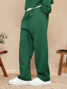 Pantalones de chándal de color verde bosque para hombre, pantalones de chándal de lana de gran tamaño lavados, pierna recta, cordón de algodón suave, ropa de calle mínima - Product Image 2